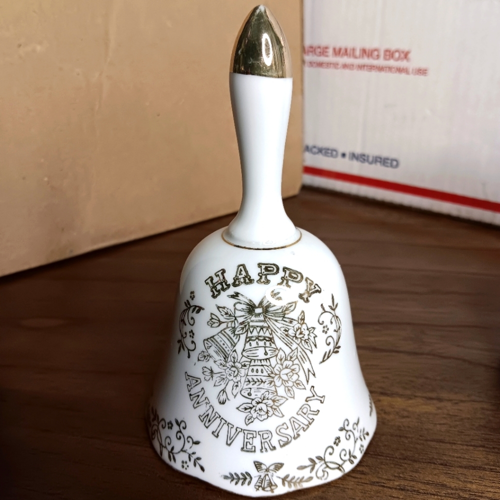 Vintage Brinns Happy Anniversary Porcelain Bell White Gold Tone Made in Japan